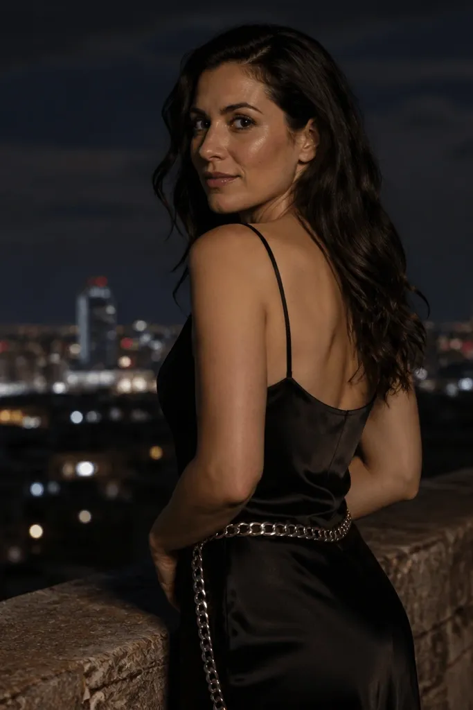 Black slip dress with a silver chain belt