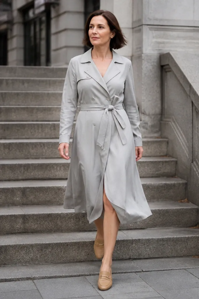 Light gray trench-style dress with tan loafers
