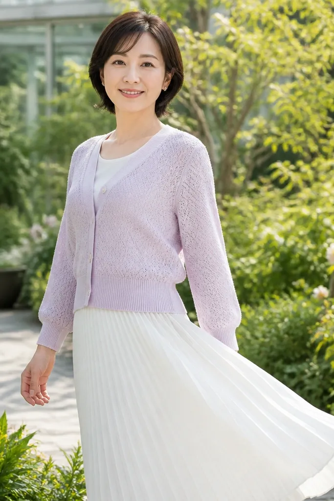 Pastel cardigan with a white pleated skirt