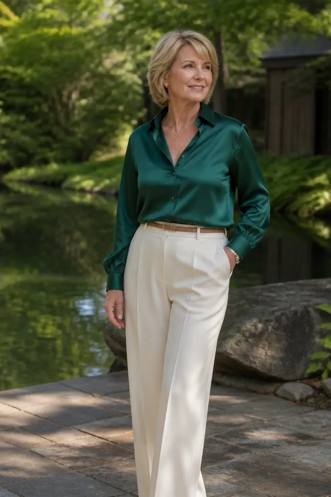 Forest green satin blouse with cream trousers