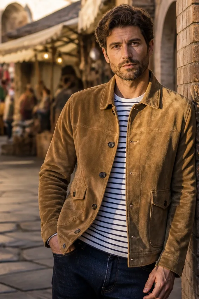 Tan suede jacket over a striped tee with dark jeans