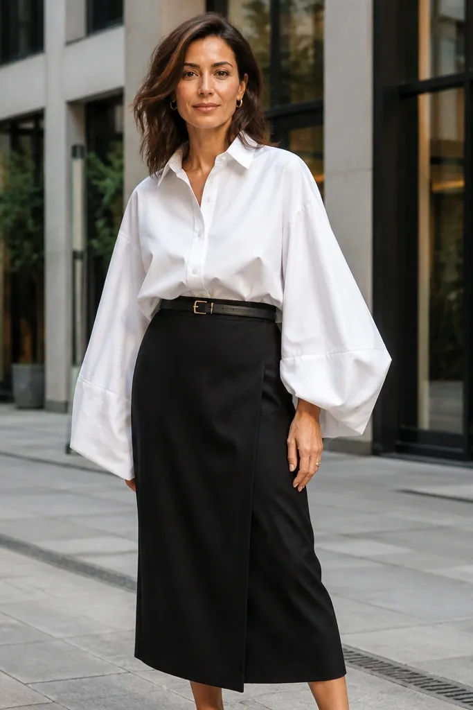 White oversized shirt with a black midi skirt and belt
