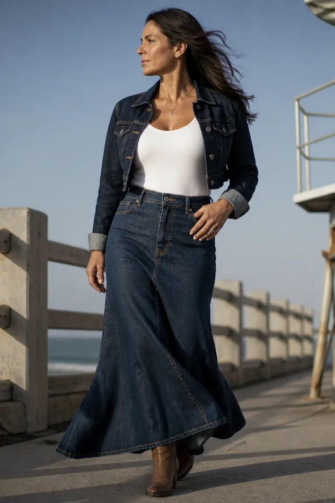 Denim maxi skirt with white bodysuit and cropped jacket