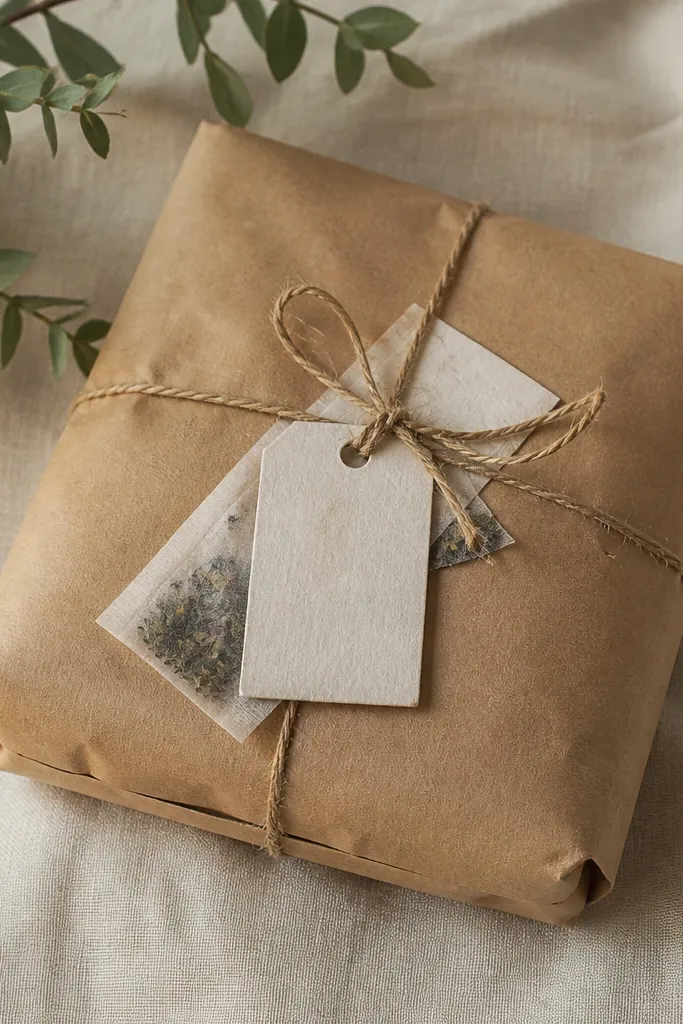 Folded kraft wrap with a small tea sachet packet, twine, and a label
