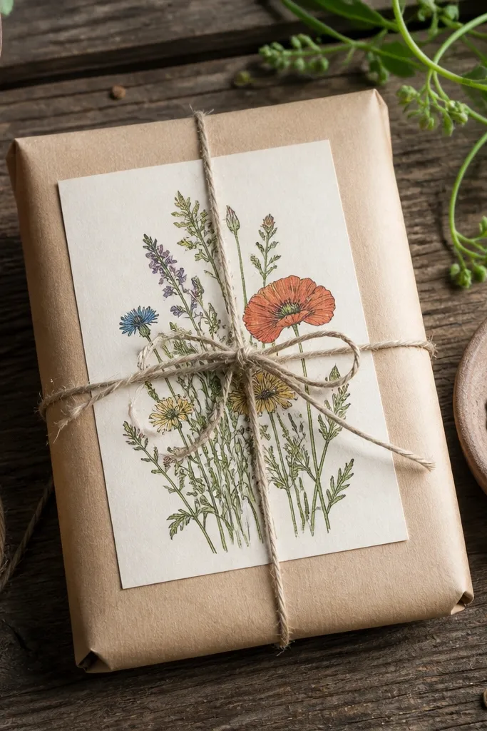 Seed packet wrapped in kraft with a printed label and twine