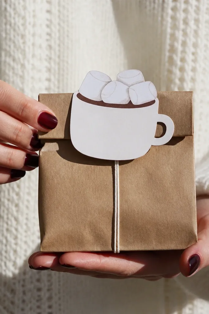 Hot chocolate packet wrapped in brown paper with a marshmallow topper card