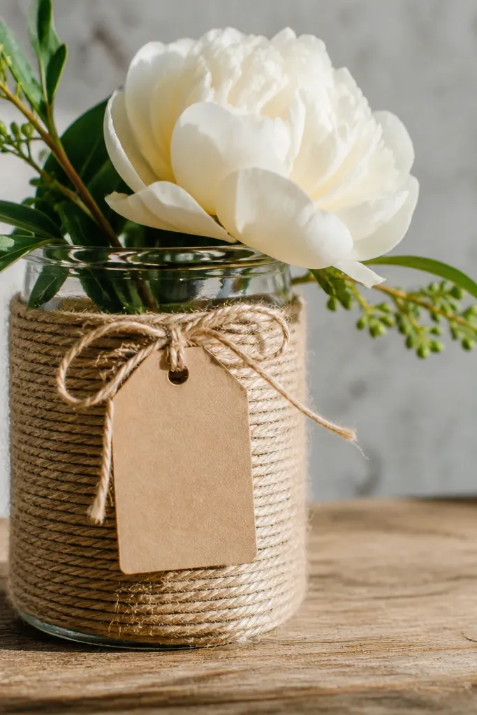 Small glass jar vase wrapped in twine with a flower and a label