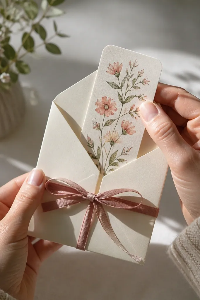 Laminate bookmark with printed message inside an envelope tied with ribbon