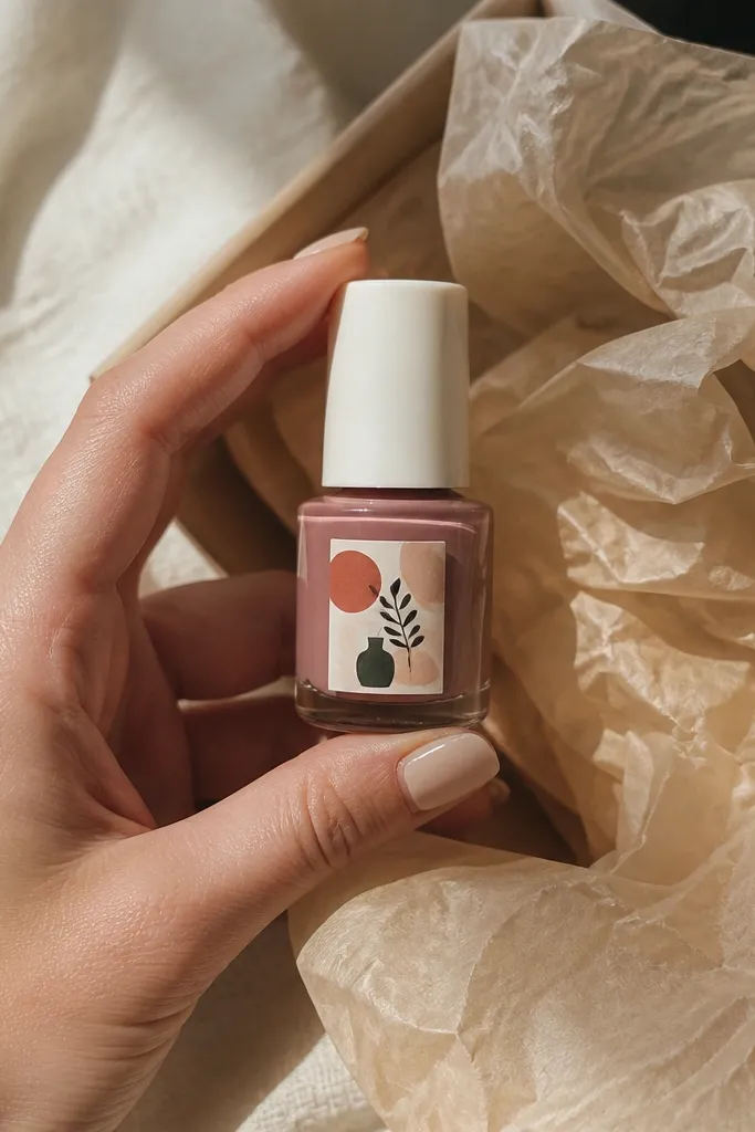 Small nail polish bottle with a printed label and tissue paper wrap