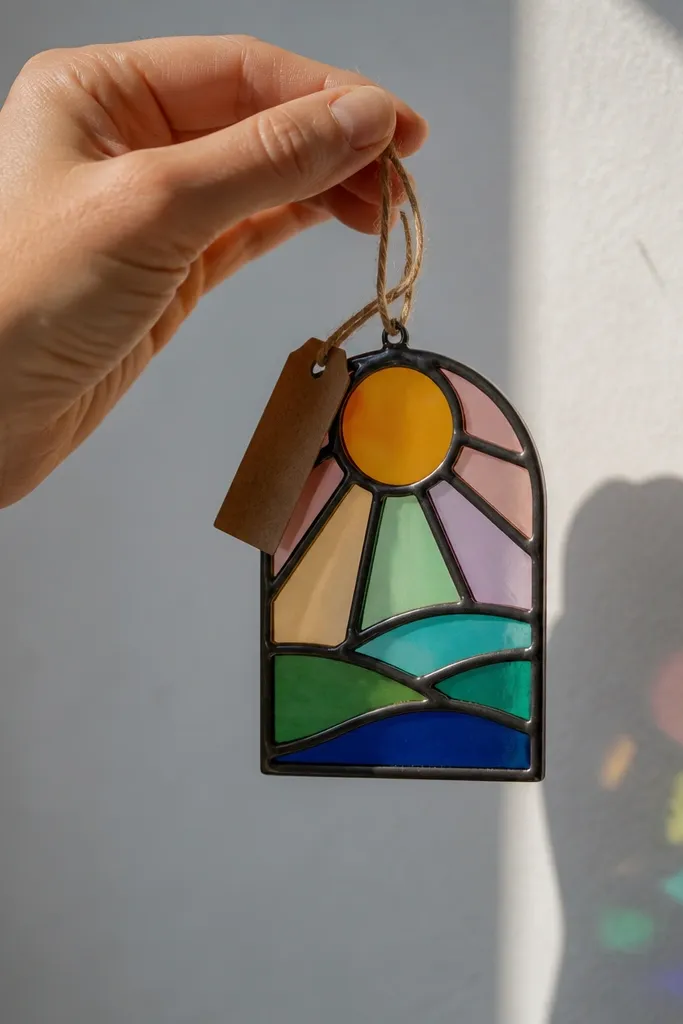 Small suncatcher with colored panels and a label tied with string