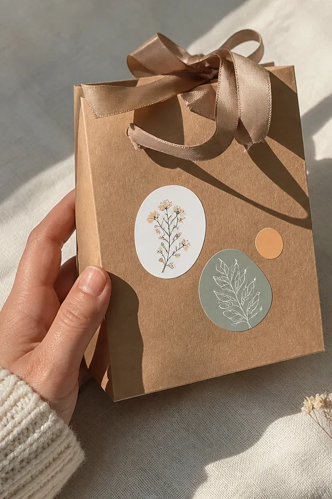 Small kraft gift bag with custom stickers and ribbon handle