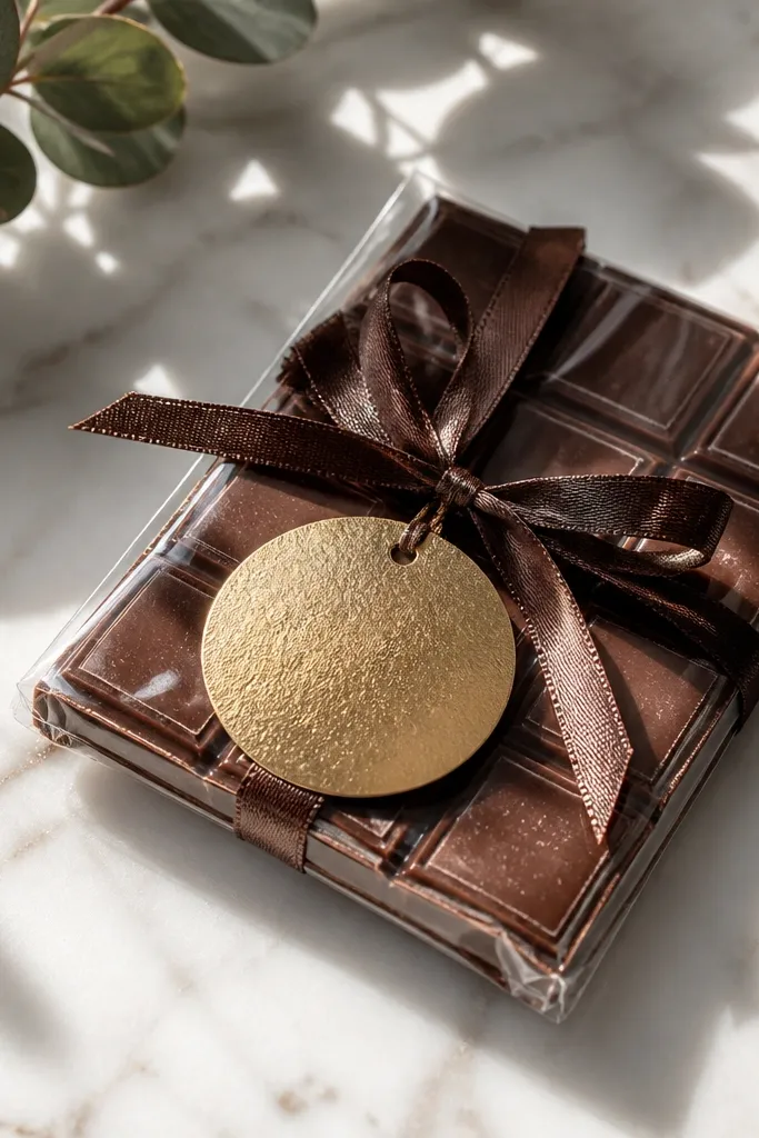 Chocolate bar in cellophane with a foil name tag and ribbon