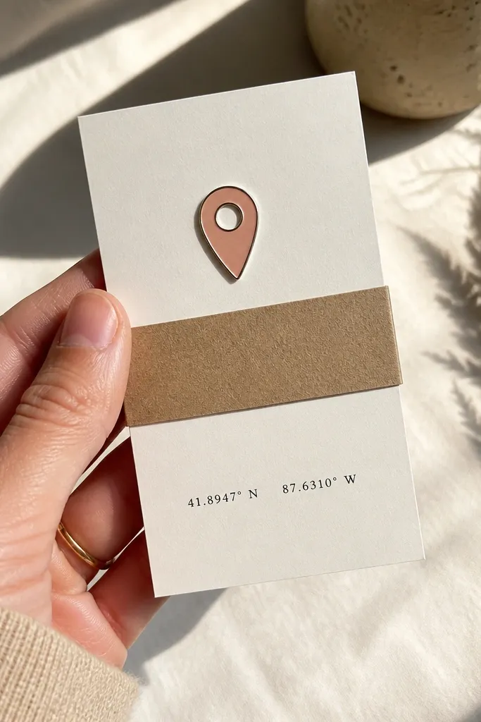Small map pin sticker card with coordinates and a kraft wrap