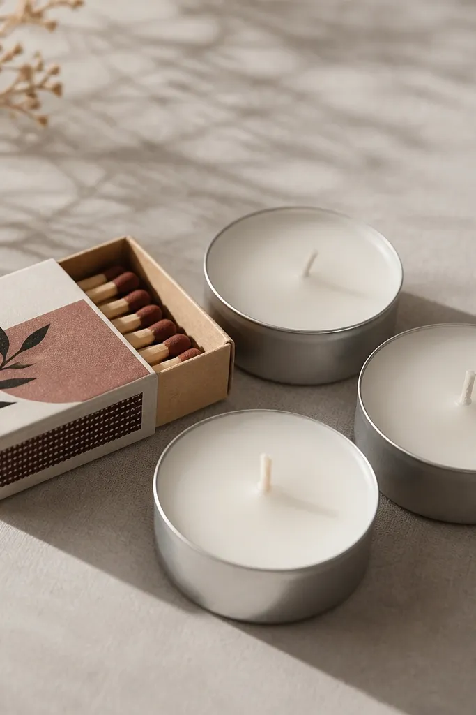 Mini matchbox with printed label next to tealights on a neutral background