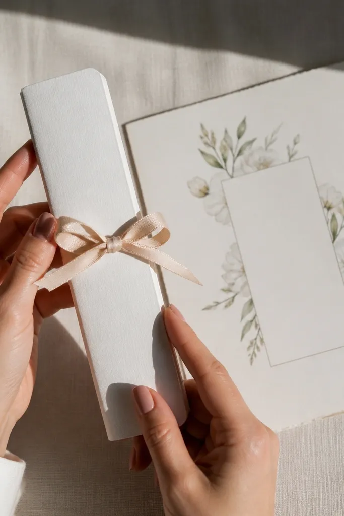 Scent strip booklet with a ribbon tie and a printed bridesmaid message card