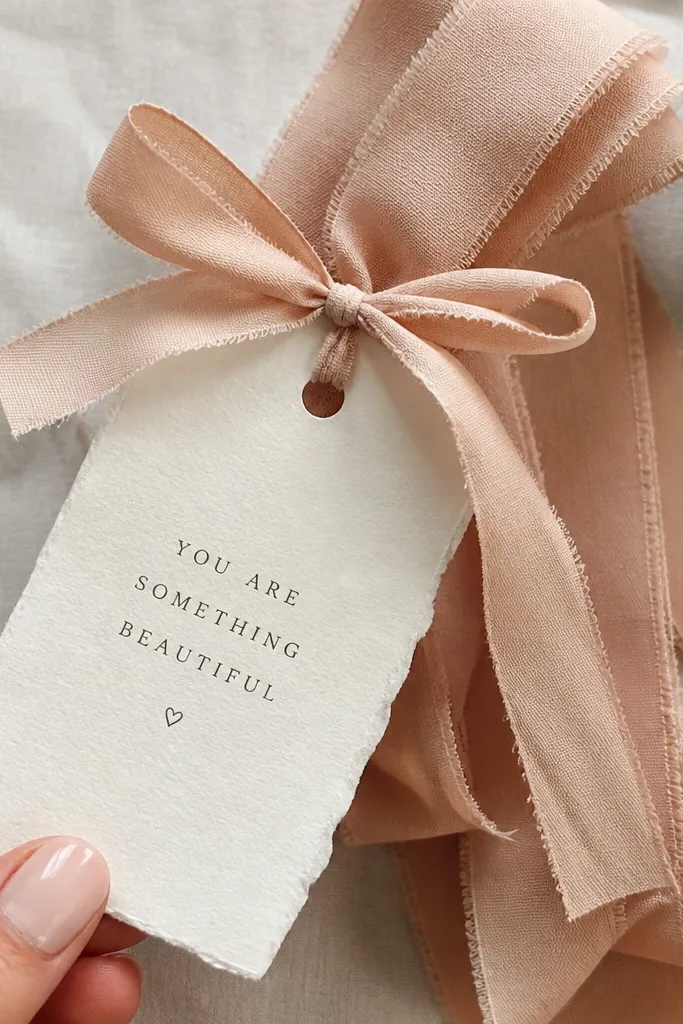 Ribbon swatch tied to a card with a small message and a clean bow