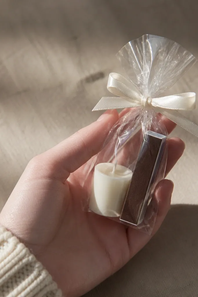Tiny candle in clear wrap with a matchbook label and ribbon bow