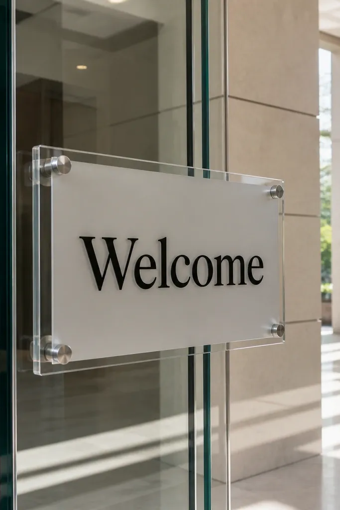 Matte contact paper sign with bold black Welcome text on a clear base