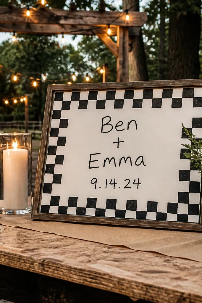 Black and white check border sign with handwritten names and date under Welcome