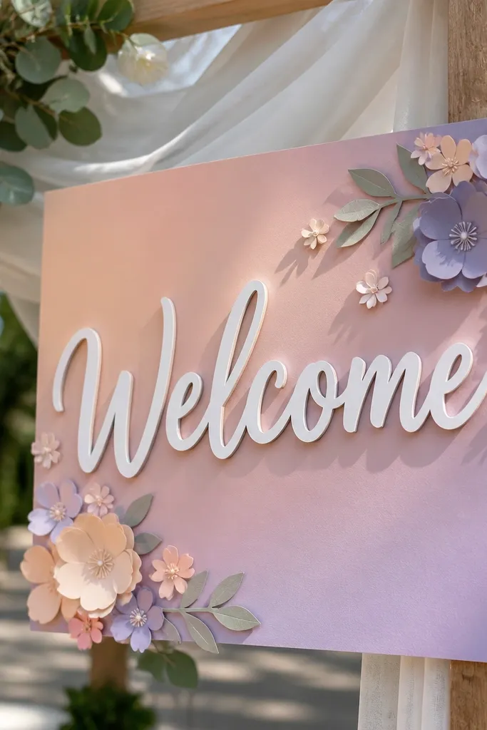 Pastel gradient welcome sign with cutout Welcome letters layered on top