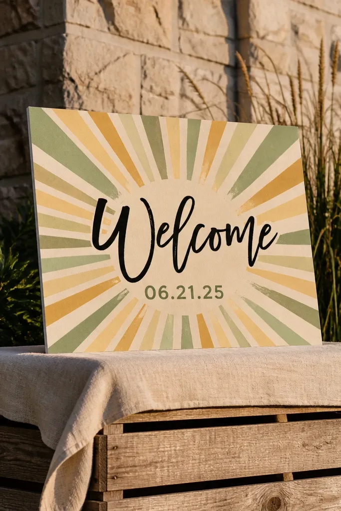 Sunburst frame around a black Welcome word with a clean date line