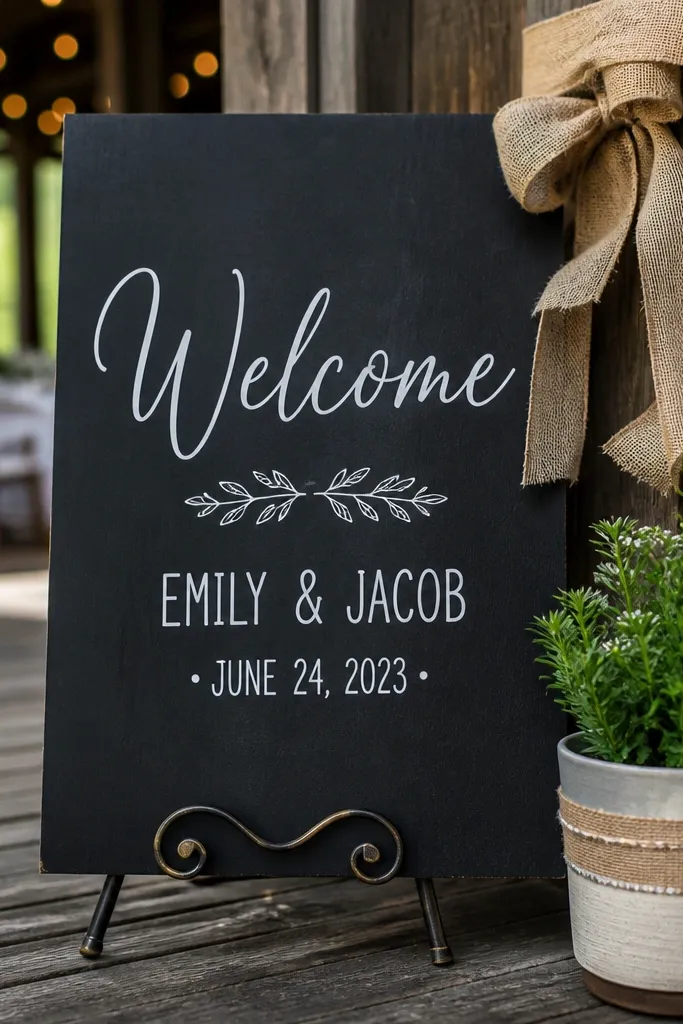 Wood-textured chalkboard-style welcome sign with white paint pen lettering