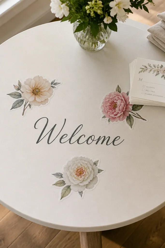 Welcome sign with three placed floral stickers and minimal text