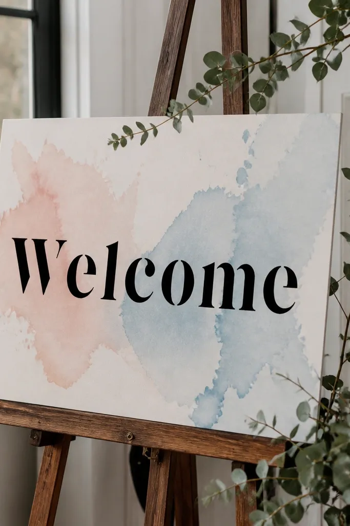 Watercolor wash background with black stencil Welcome text