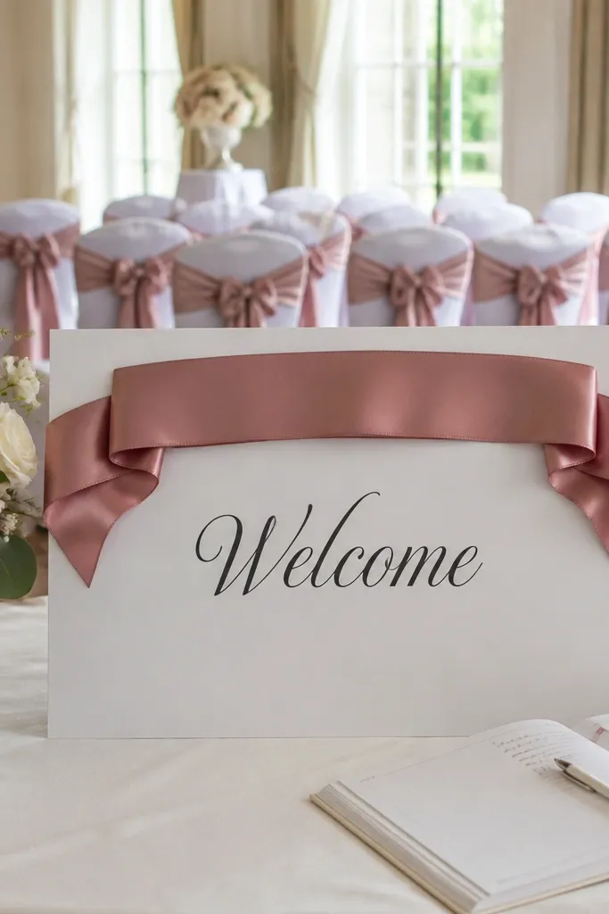 Cardstock welcome sign with a fabric ribbon banner and neat centered text