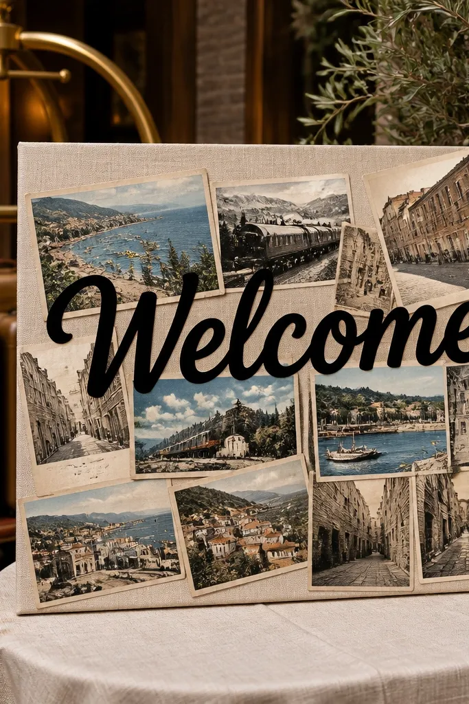 Welcome sign with vintage postcard collage background and bold Welcome text on top