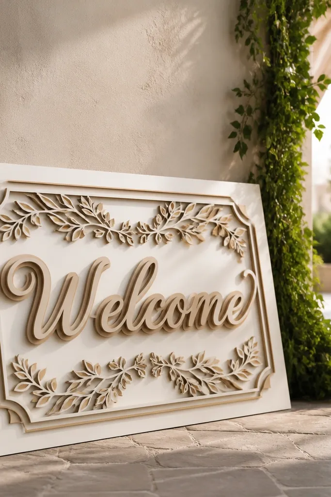 Layered paper welcome letters with a shadow effect on a simple background
