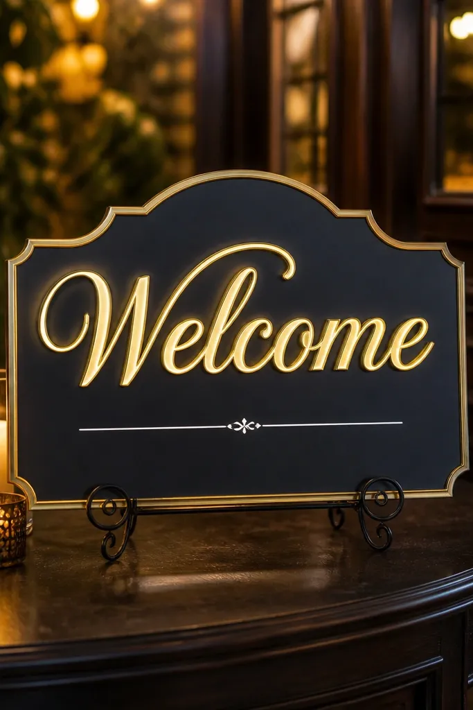 Black welcome sign with gold outlined letters and white names line