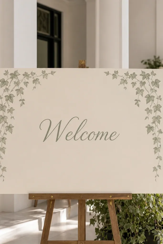 Cream sign with ivy wreath corner frame and centered Welcome text