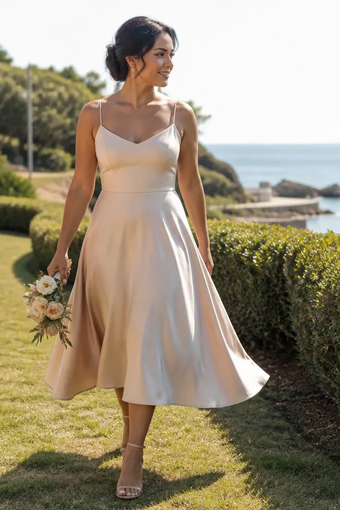 Soft ivory satin A-line dress with thin straps and a gently flared skirt