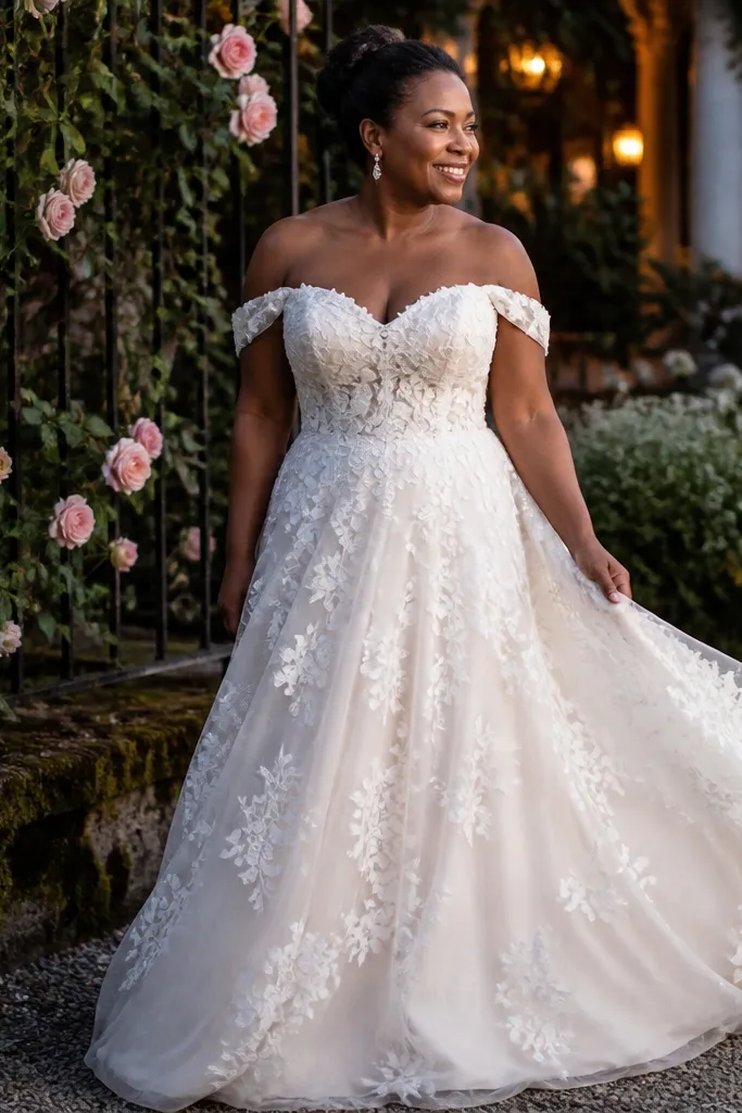 Ivory floral lace fit-and-flare wedding dress with off-shoulder sleeves
