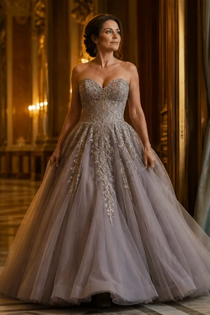 Ivory tulle ballgown with an embroidered corset bodice and full skirt