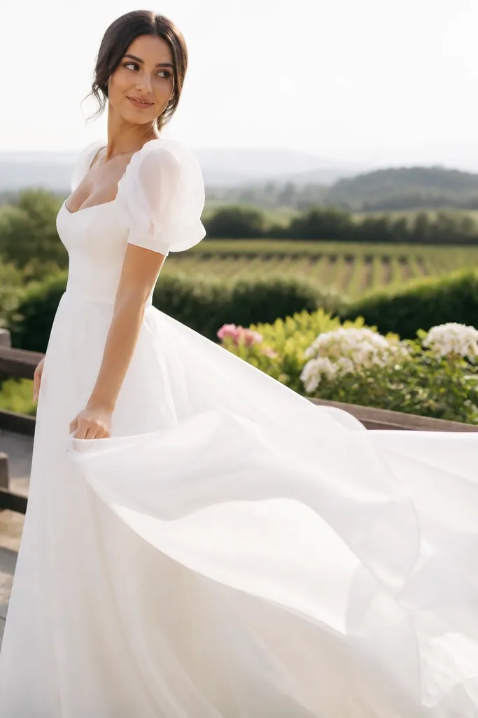 Ivory organza A-line wedding dress with subtle puff sleeves