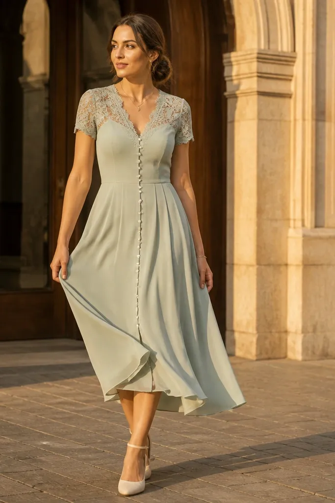 Ivory tea-length wedding dress with pearl buttons down the front and lace sleeves