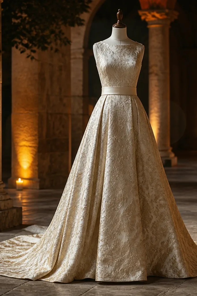 Ivory brocade A-line wedding dress with a structured waist and textured fabric