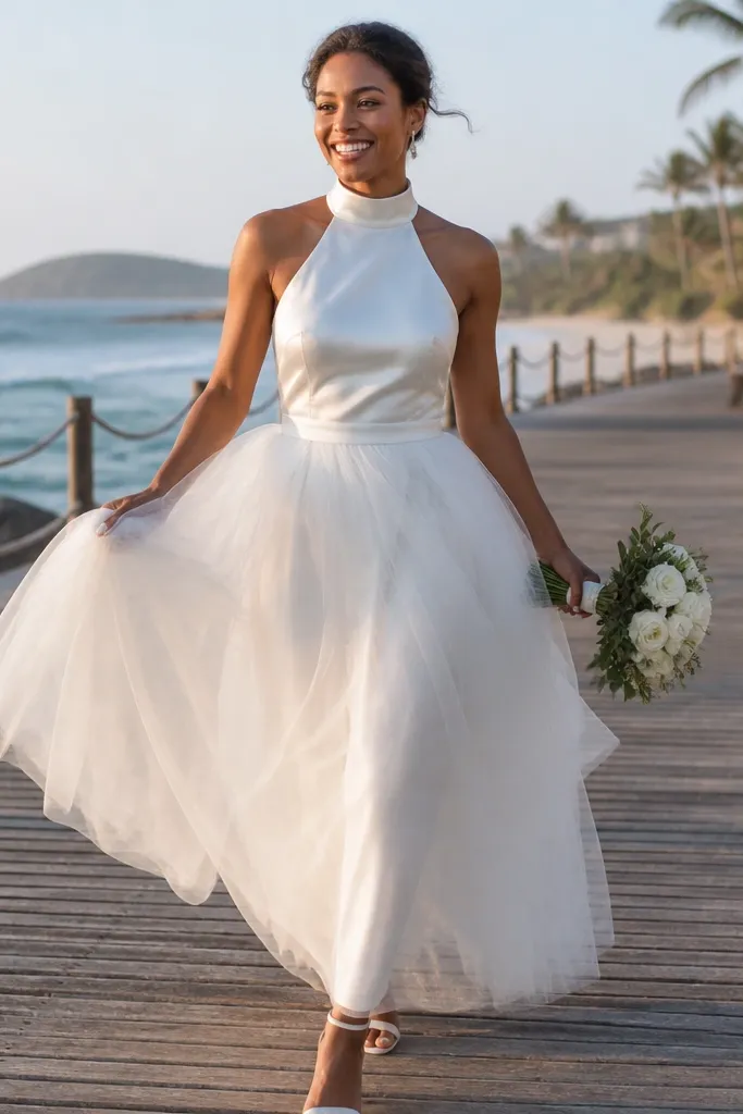 Ivory satin halter bodice with a layered tulle skirt and full volume