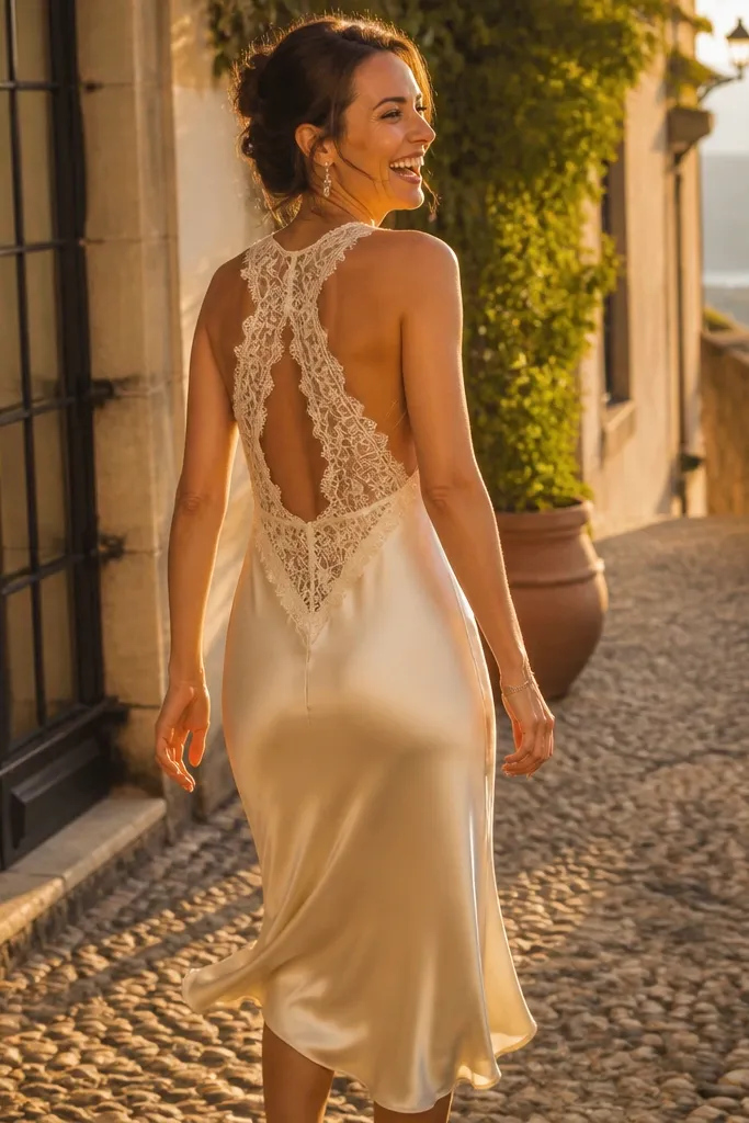 Ivory satin slip wedding dress with a lace panel at the back