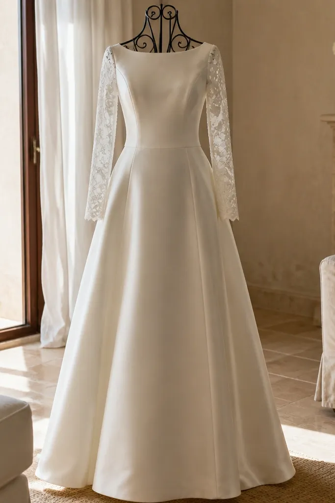 Ivory mikado A-line wedding dress with long lace sleeves and minimal detailing