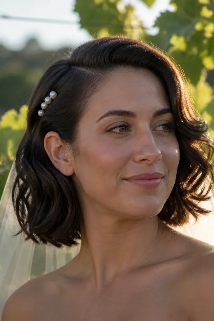 Short bob with side-swept waves and small pearl pins near the temple