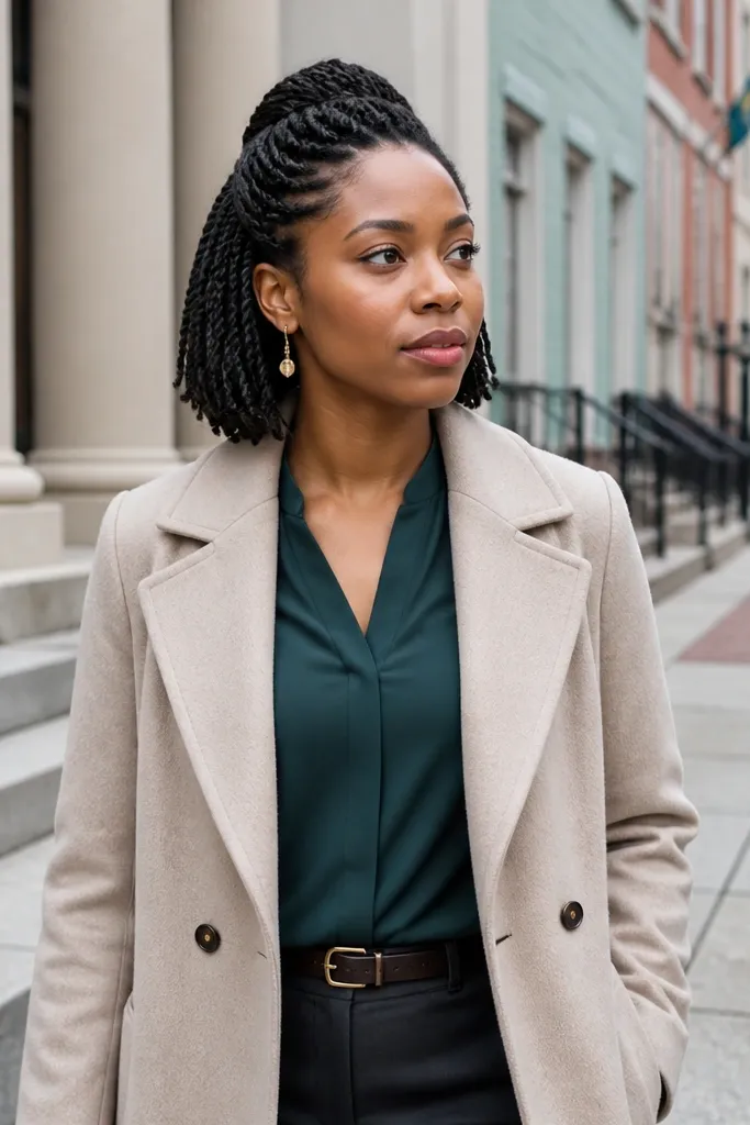 Short hair half-up with several tiny twists pinned across the crown