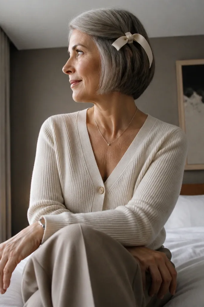 Sleek short bob with a satin ribbon wrapped at the side and a low twist