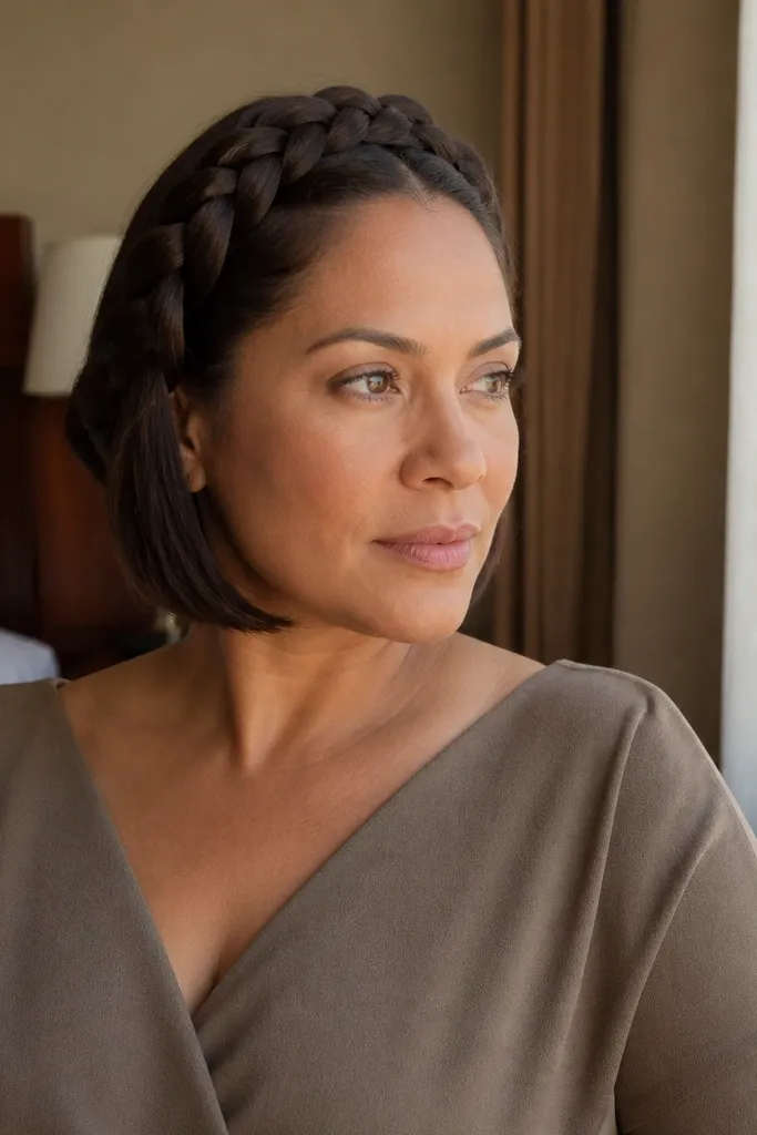 Short bob with a crown braid wrapping around the top of the head
