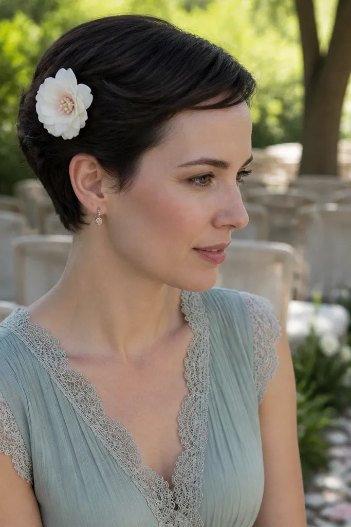Pixie haircut with hair pinned back and a small side floral clip