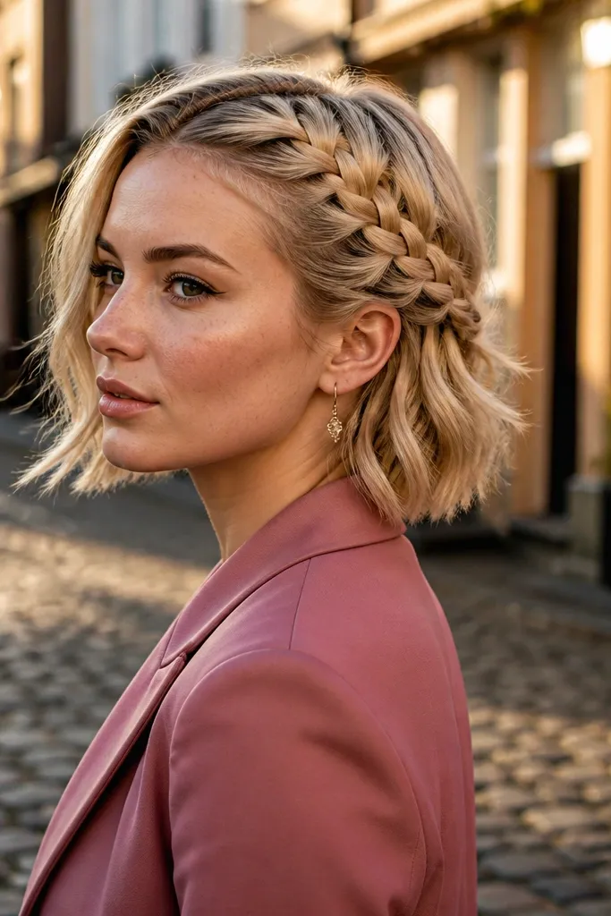 Short hair side dutch braid with loose ends falling over the shoulder