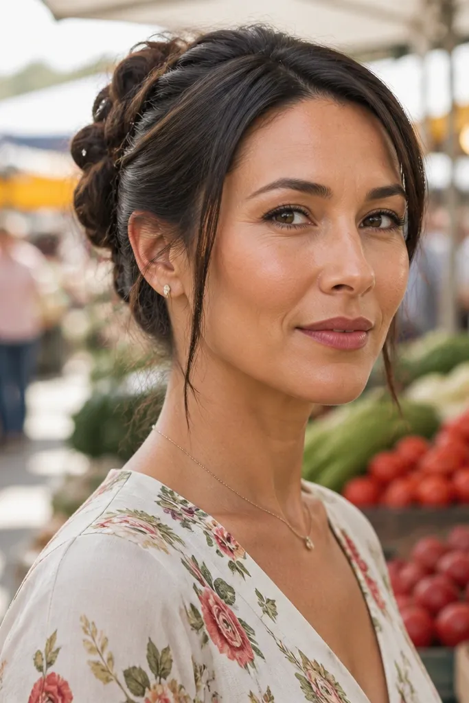 Short hair with a small braided bun-like cluster at the back