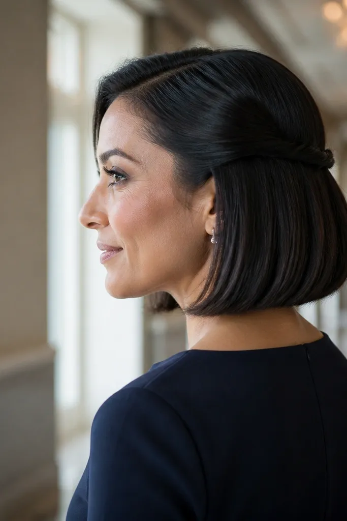 Sleek short bob with a hidden twist pinned back